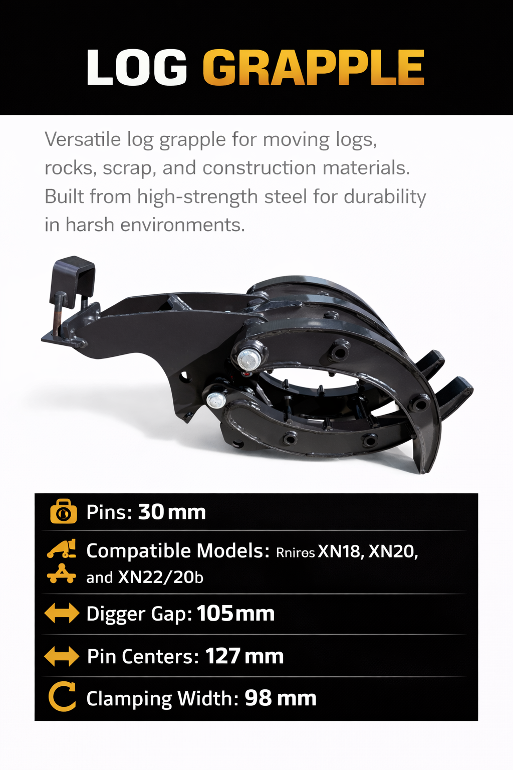 EXCAVATOR LOG GRAPPLE MINI EXCAVATOR LOG GRAPPLE 30MM PINS